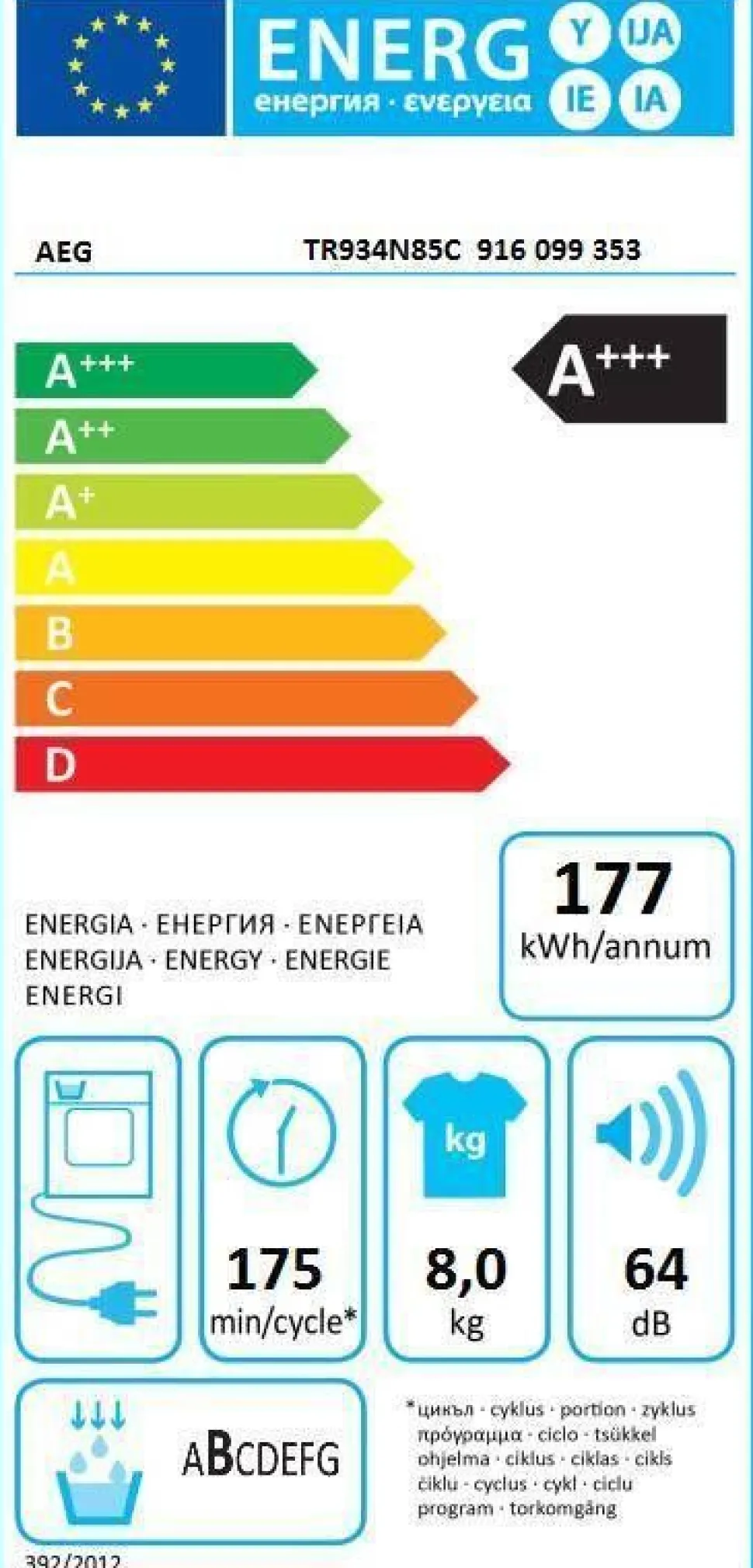 Aeg kuivausrumpu TR934N85C 8 kg