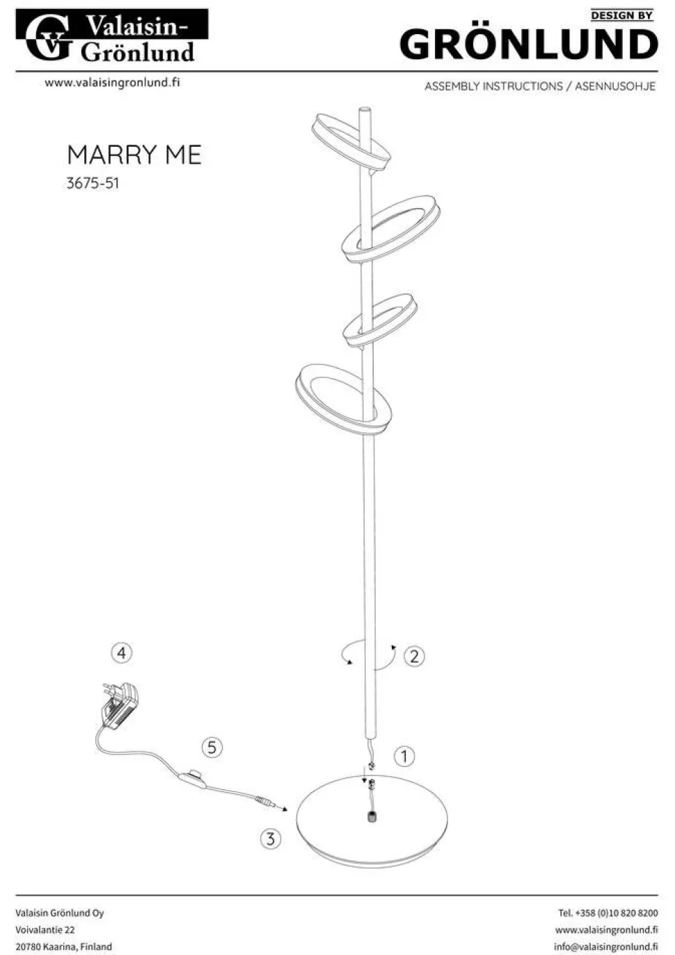 Design by Grönlund Marry Me lattiavalaisin 155 cm messinki